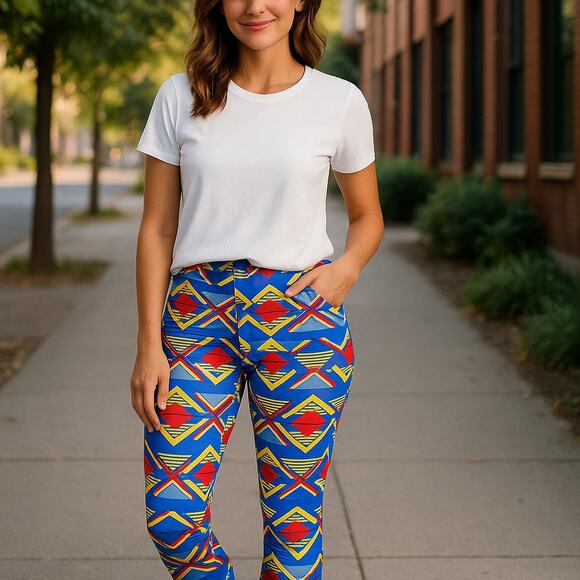 LuLaRoe Womens‎ Leggings One Size Blue Red Yellow Triangles Geometric Soft OS - Picture 3 of 8